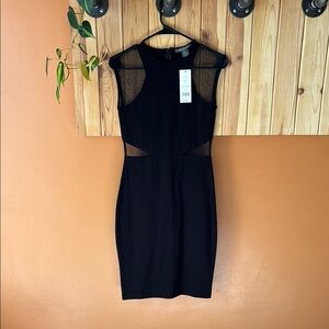 French Connection Black Bodycon Mini Dress with Cutout Mesh Details